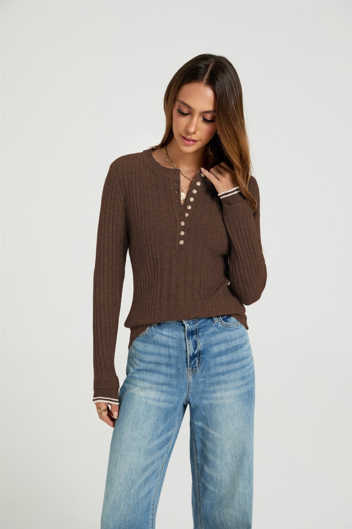 Women's Ribbed Henley Sweater Long Sleeve Fitted Top