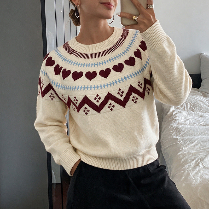 Women's Fair Isle Heart Crew Neck Knit Sweater