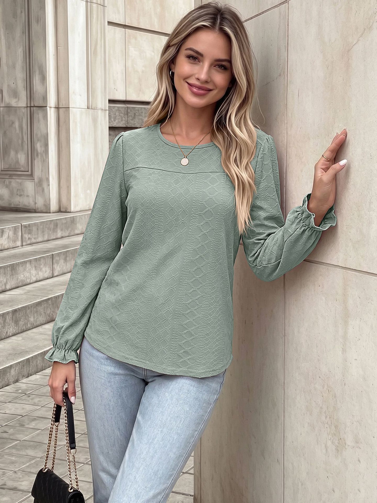 Women's Textured Long Sleeve Round Neck Ruffle Cuff Top