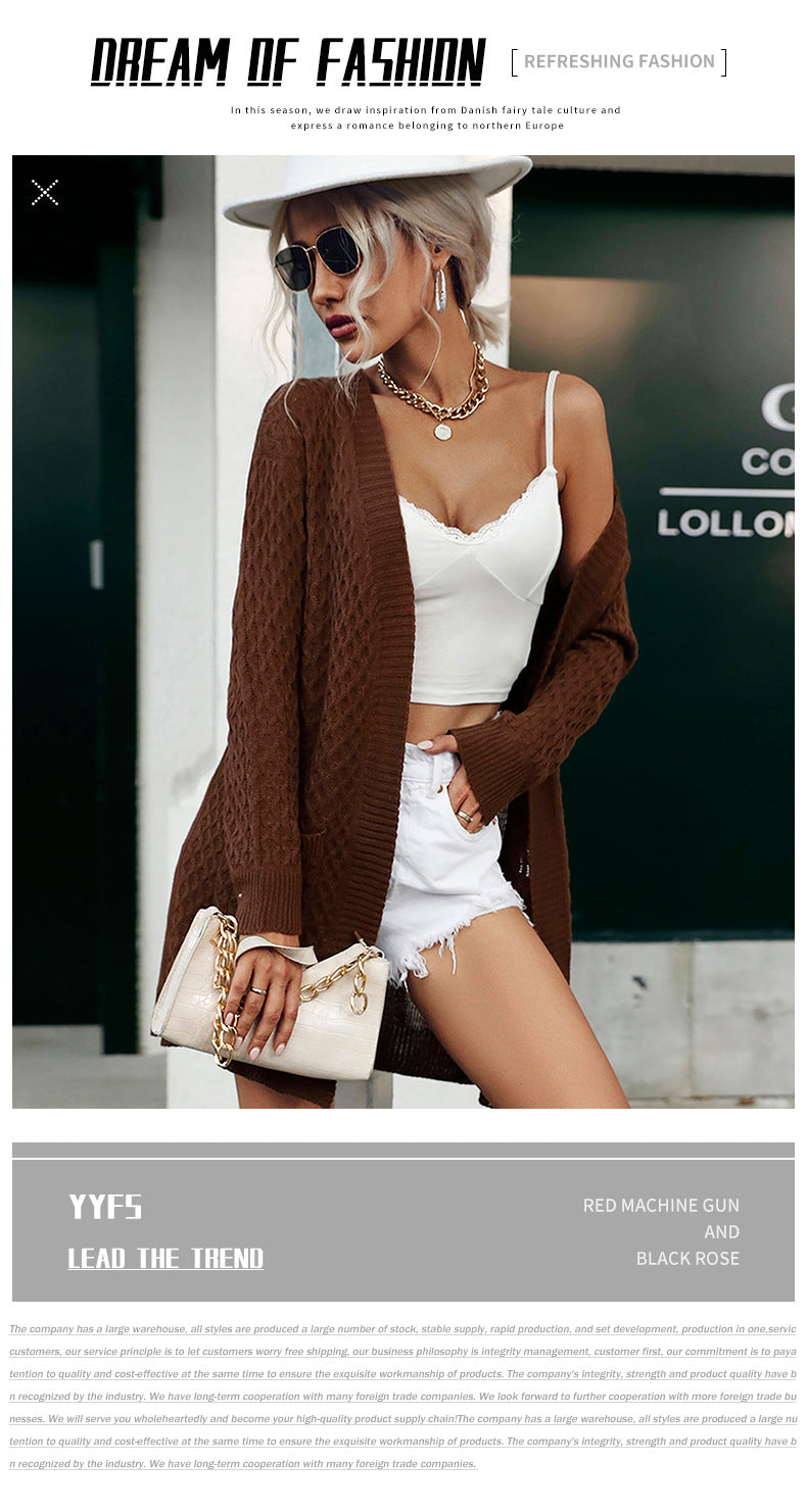 Coffee Cable Knit Open Front Long Sleeve Cardigan