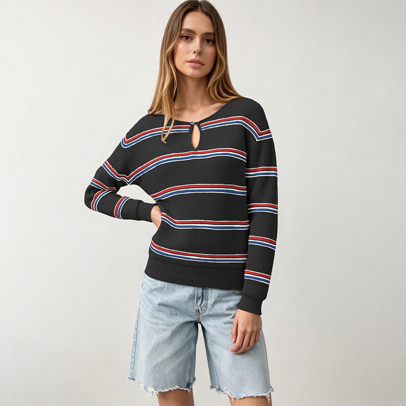 Women's Striped Long Sleeve Keyhole Knit Sweater
