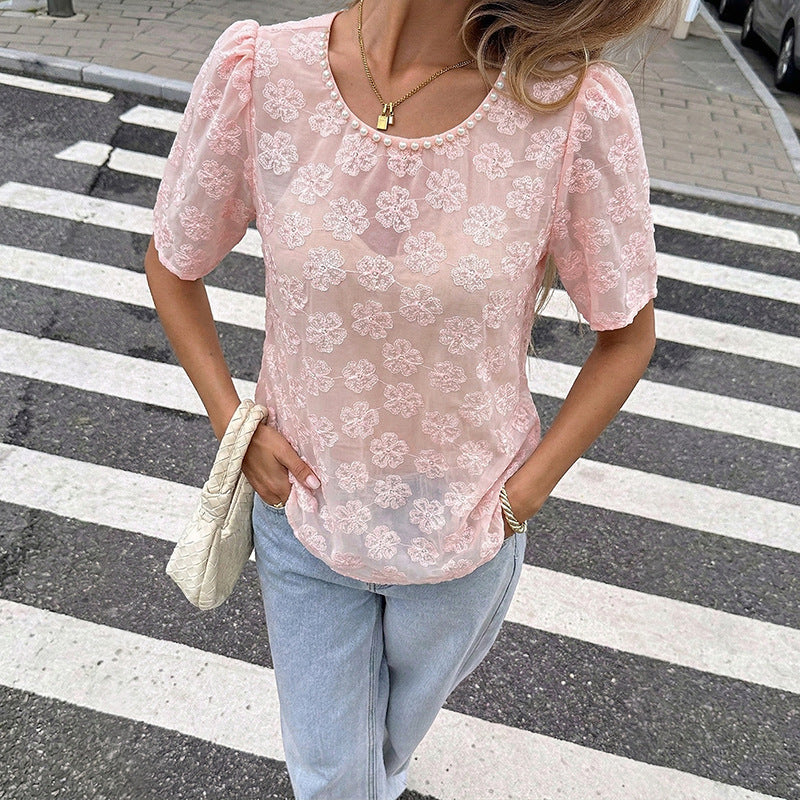 Floral Textured Blouse Short Sleeve Puff Top Casual