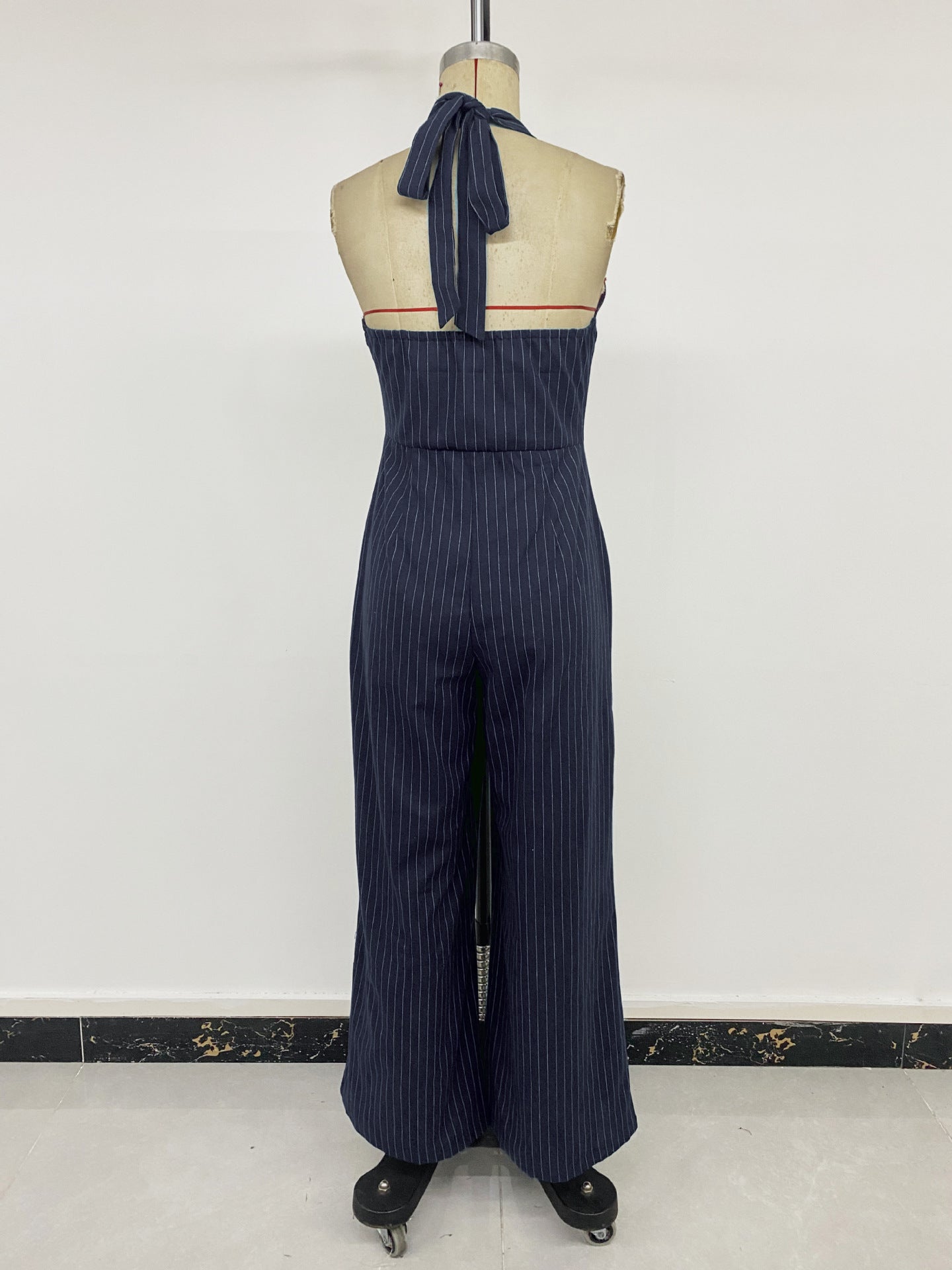 Pinstripe Woven Jumpsuit Workwear Halter Wide Leg