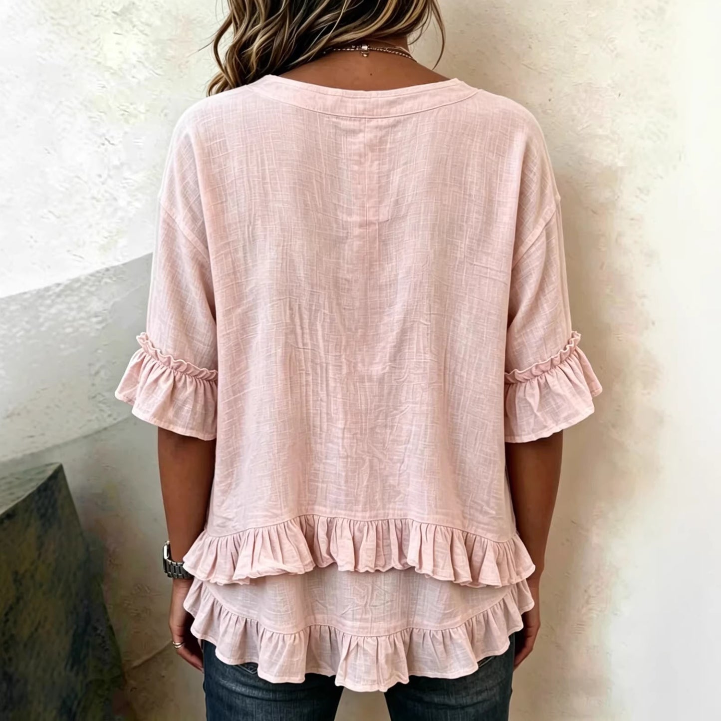 Ruffle Hem V-Neck Blouse with Short Flounce Sleeves