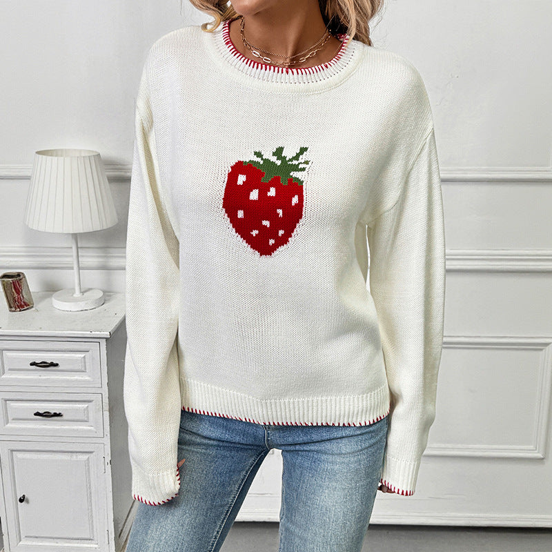 Strawberry Graphic Knit Sweater Women’s Casual Pullover