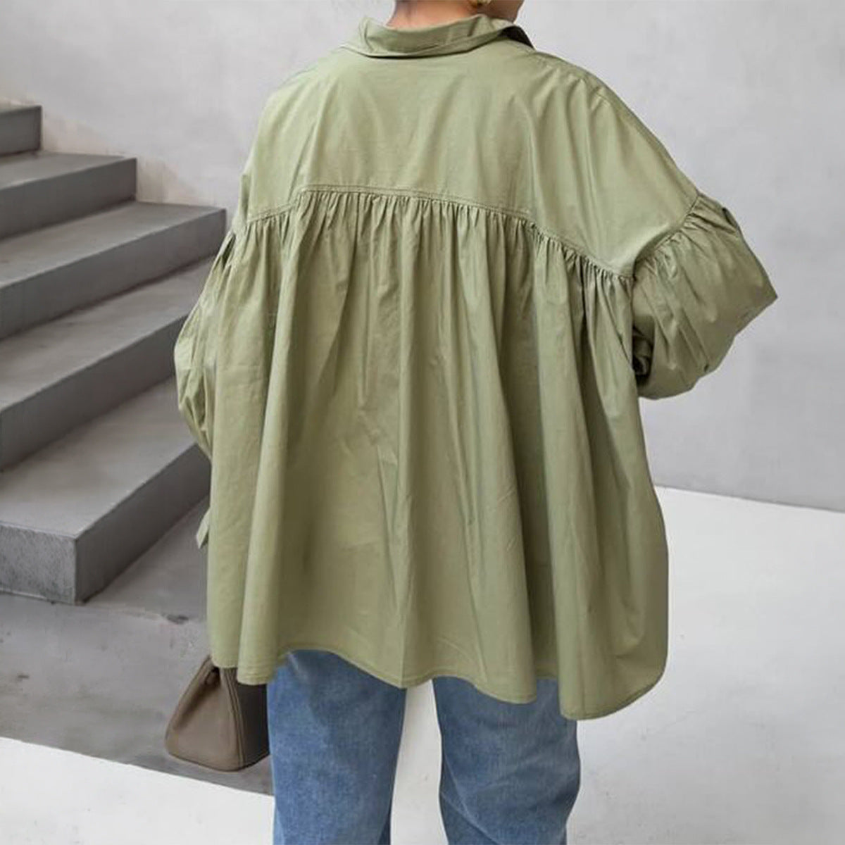 Solid Poplin Blouse Boutique Balloon Sleeve Oversized