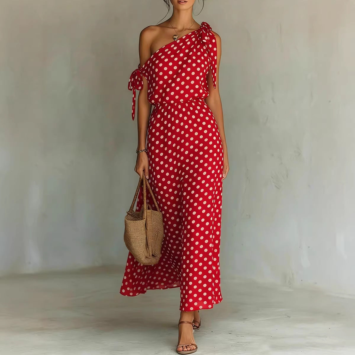 Polka Dot One-Shoulder Maxi Dress with Tie Straps