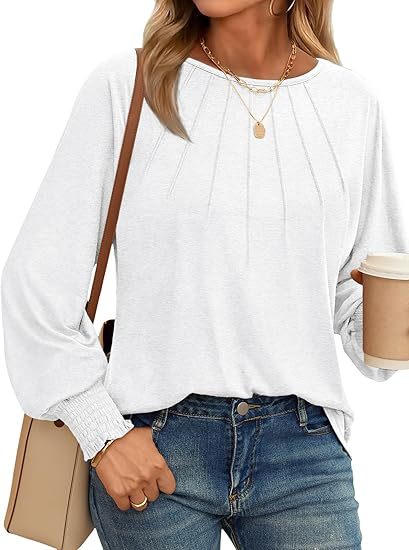 Women's Pleated Crew Neck Lantern Sleeve Oversized Pullover