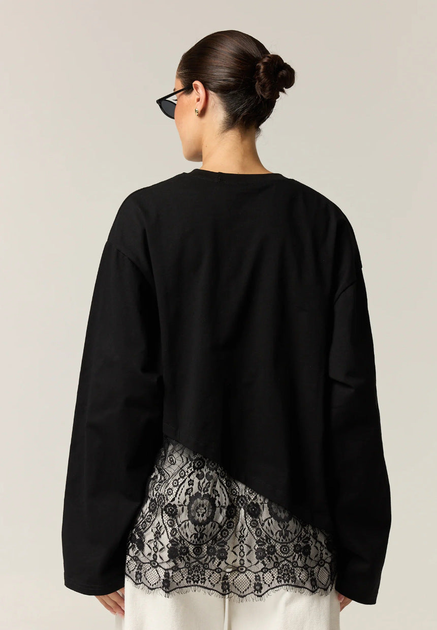 Women's Asymmetrical Lace Trim Long Sleeve Top