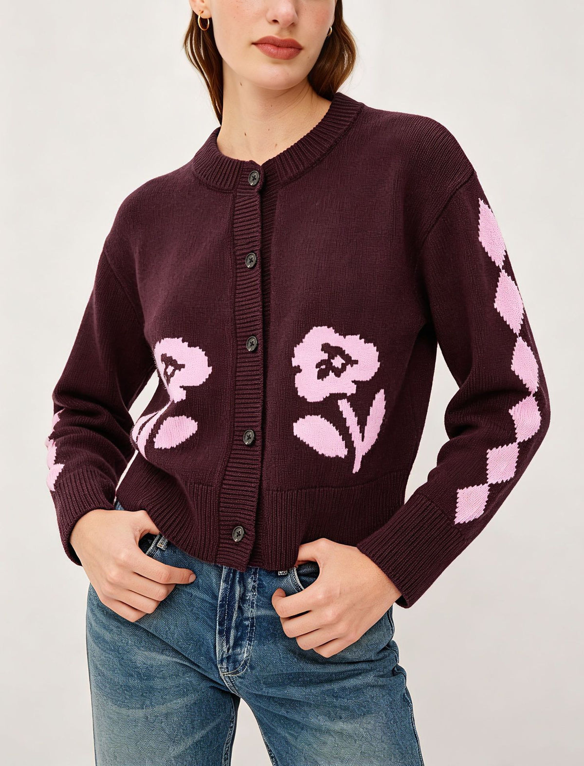 Women's Vintage Floral Cropped Knit Cardigan Button Up