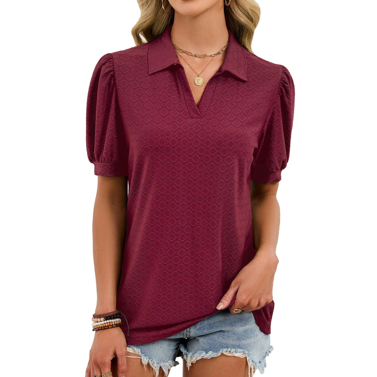 Eyelet Puff Sleeve V Neck Polo Blouse Casual Chic