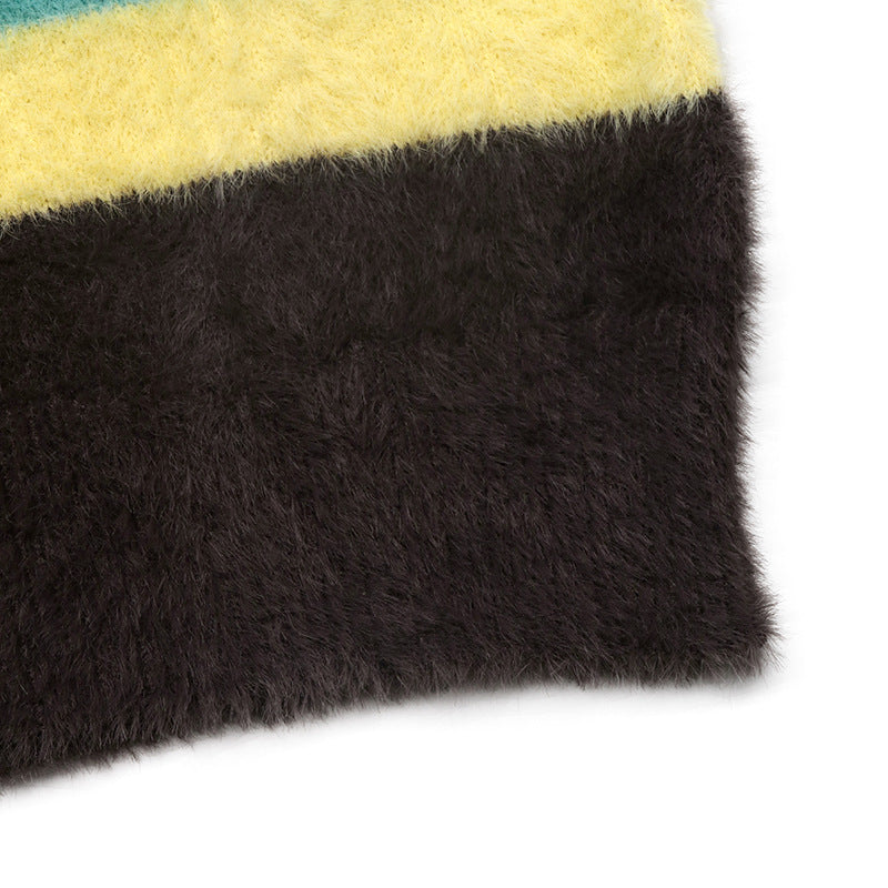 Oversized Color Block Striped Fuzzy Crew Neck Sweater