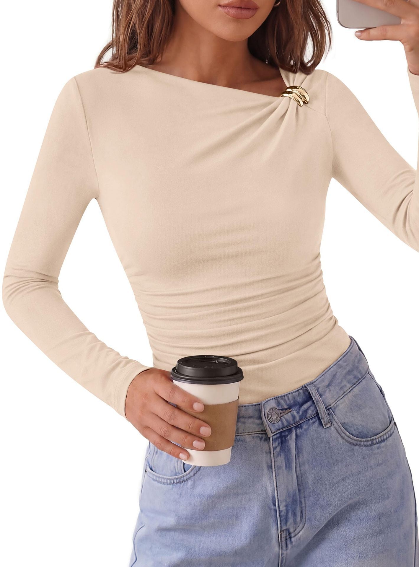 Solid Jersey Top Trendy Asymmetrical Ruched Long Sleeve