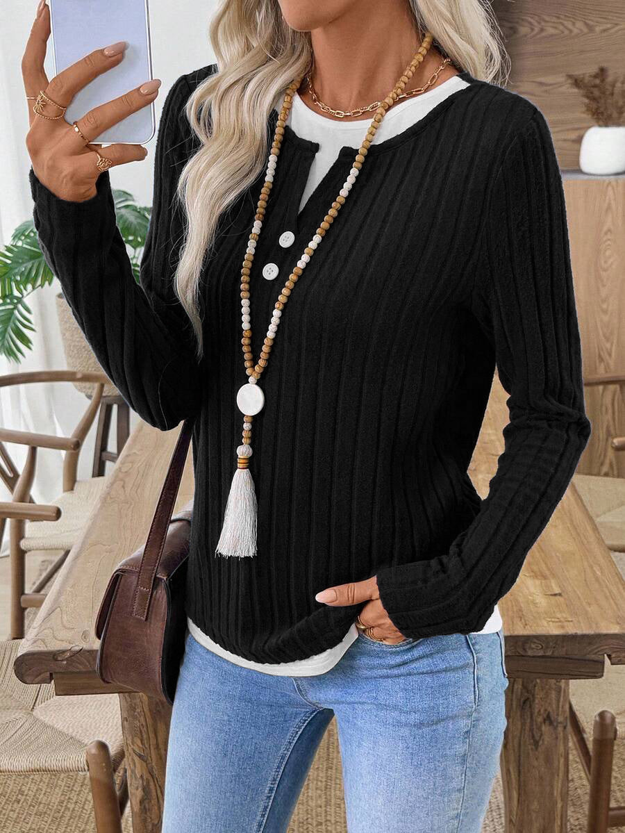 Solid Brushed Knit Top Casual Ribbed Henley Tee