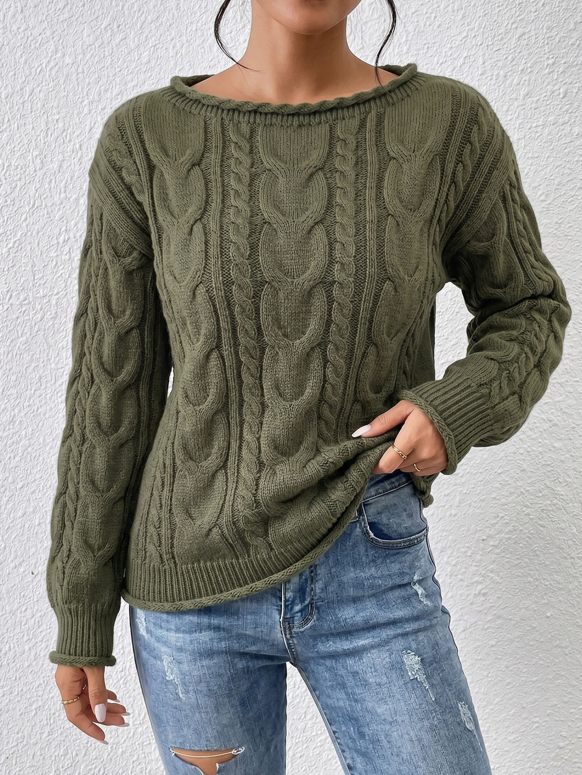 Women's Off Shoulder Cable Knit Oversized Pullover Sweater