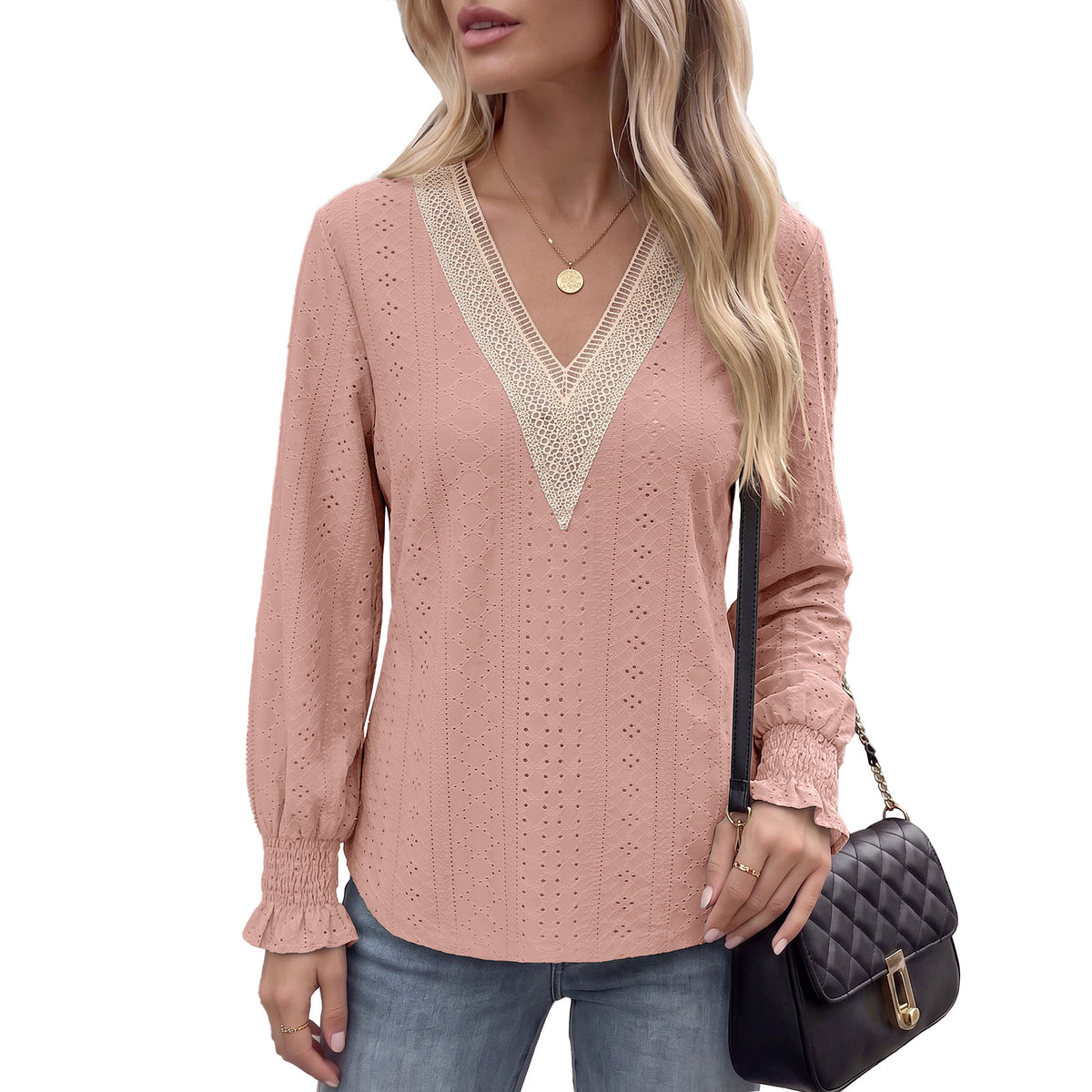 Women's V Neck Lace Trim Eyelet Long Sleeve Blouse
