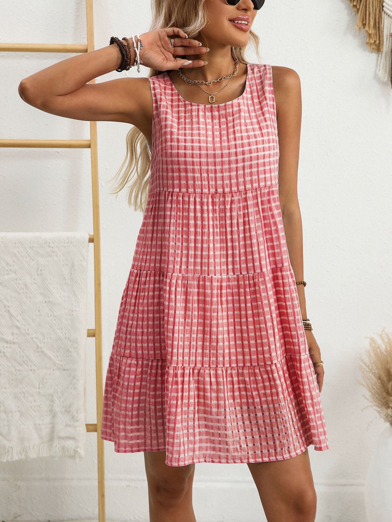 Sweet Summer Gingham Dress with High Waist Flare Hem