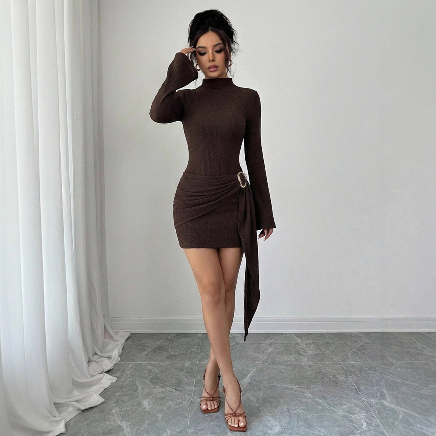 Women’s Ribbed Knit Bodycon Dress with Metal Buckle