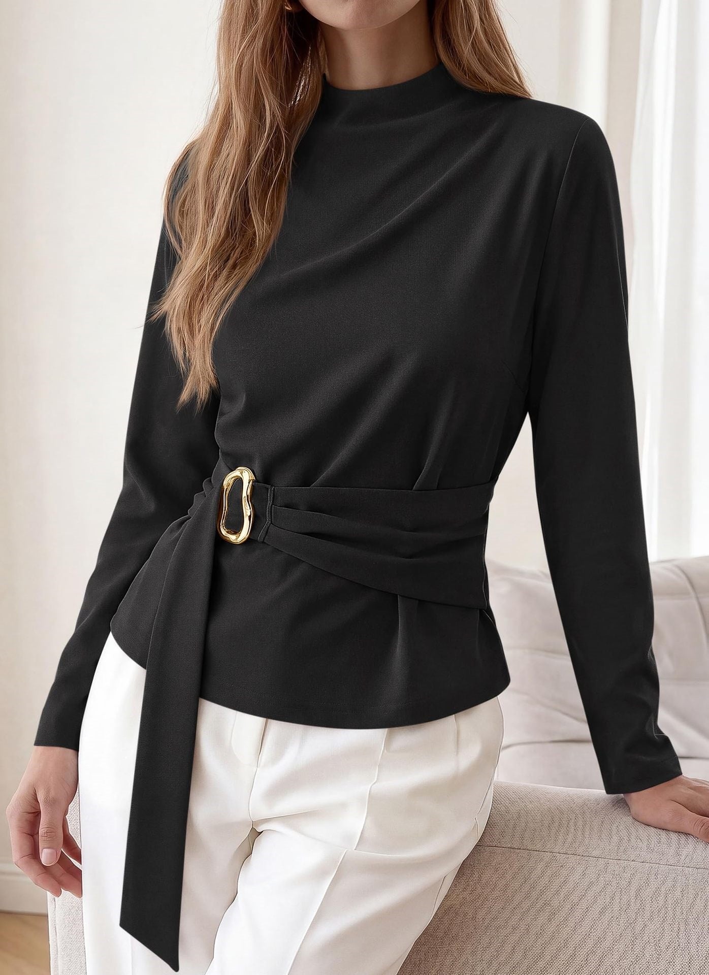 Solid Ponte Top Mock Neck Blouse Belted Slim Fit Elegant