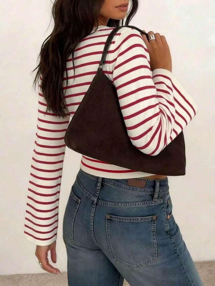Women's Y2K Striped Bell Sleeve Fitted Crop Top Casual Tee