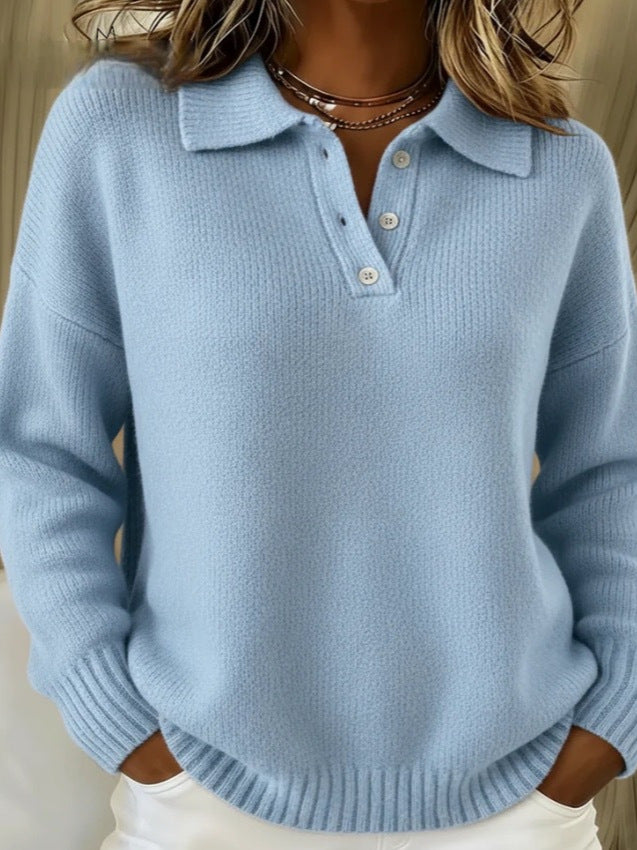 Polo Collar Knit Sweater Button Placket Relaxed Fit