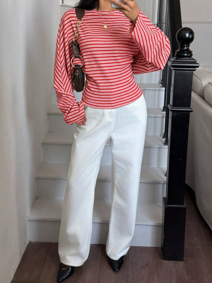 Women's Striped Waffle Knit Dolman Long Sleeve Top