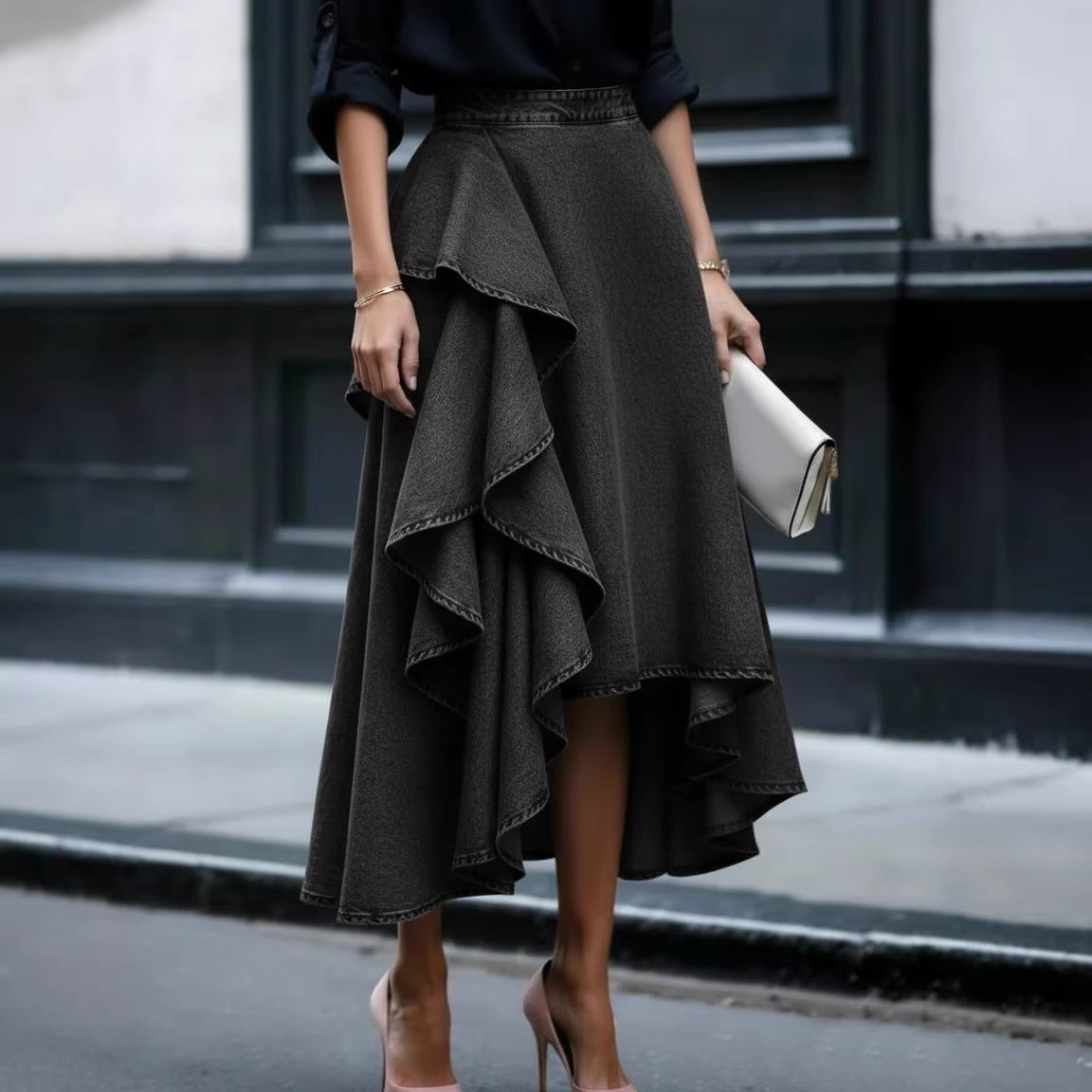 Asymmetrical Ruffle High Waist Denim Midi Skirt