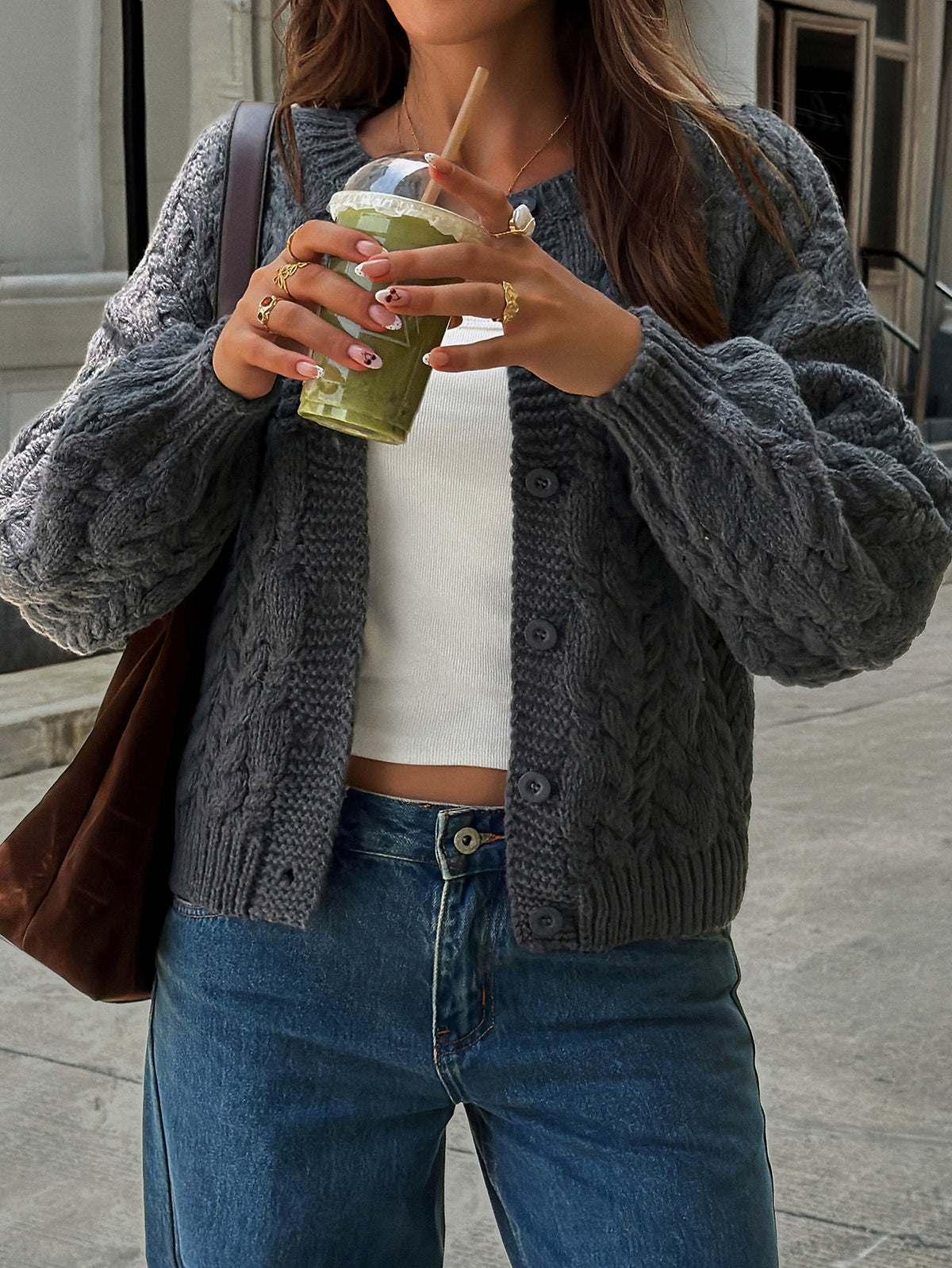 Women's Chunky Cable Knit Cropped Button Front Cardigan