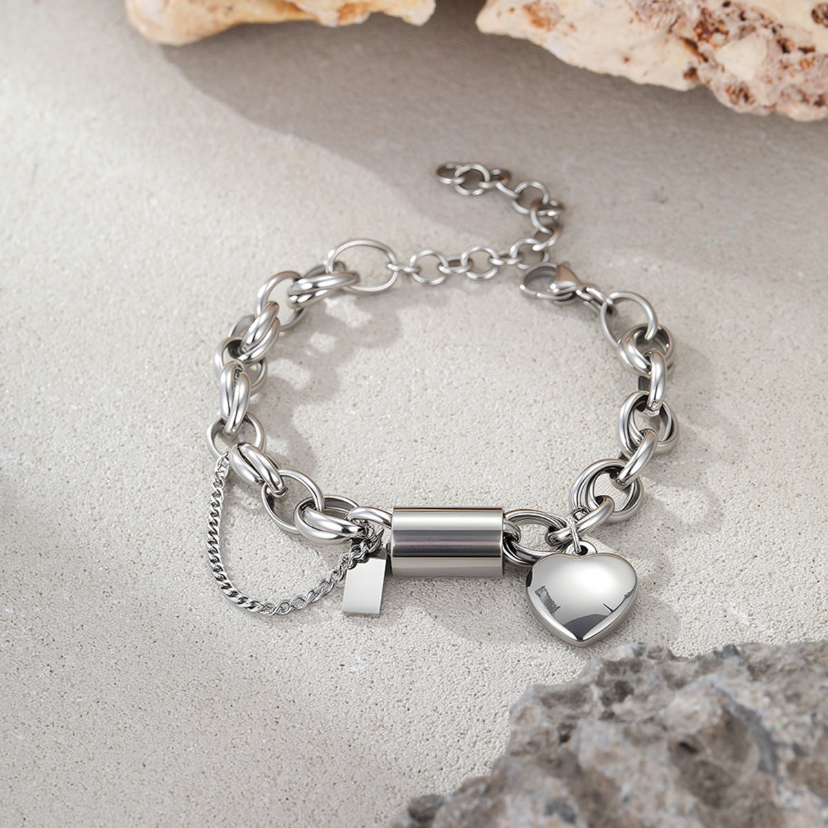 18K Gold Plated Heart Pendant Chunky Chain Bracelet