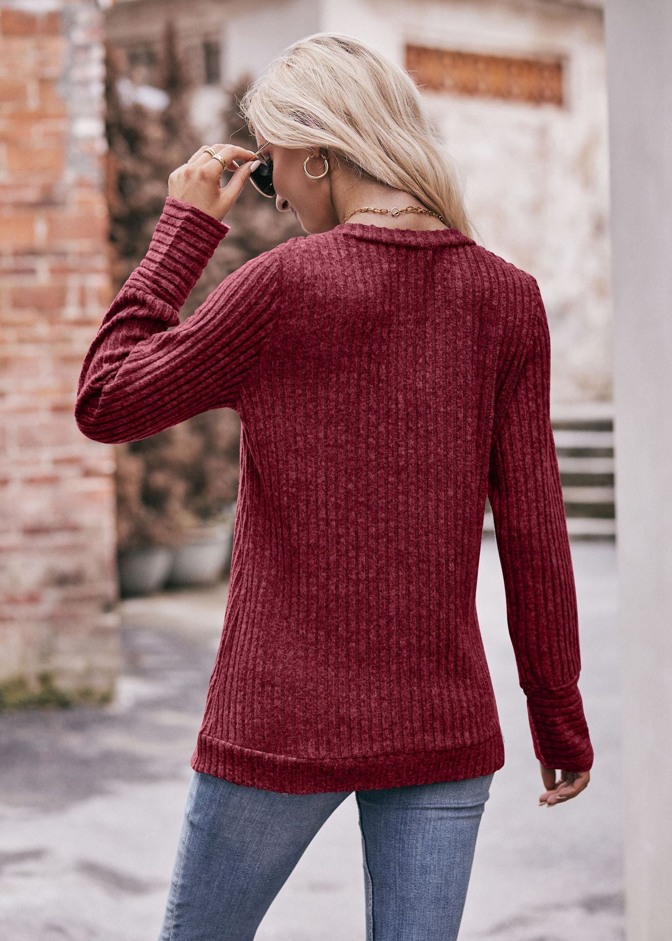 Ribbed V Neck Long Sleeve Knit Top for Women