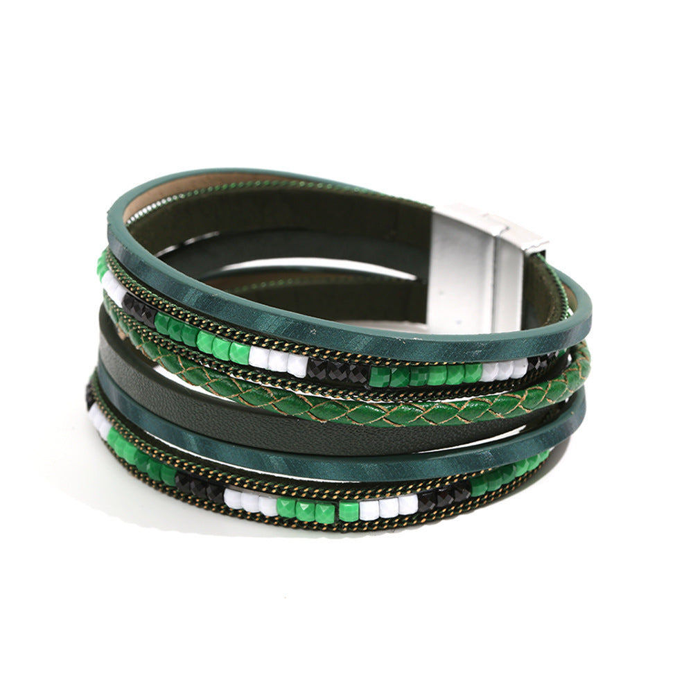 Boho Multi Layer Leather Wrap Bracelet with Magnetic Clasp