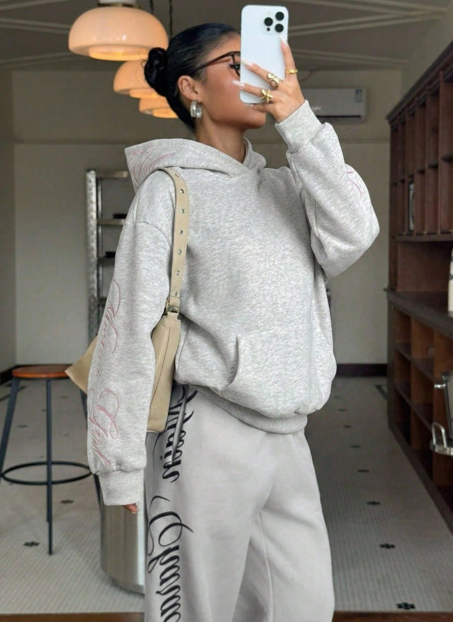 Grey Back Embroidered Oversized Hooded Sweatshirt