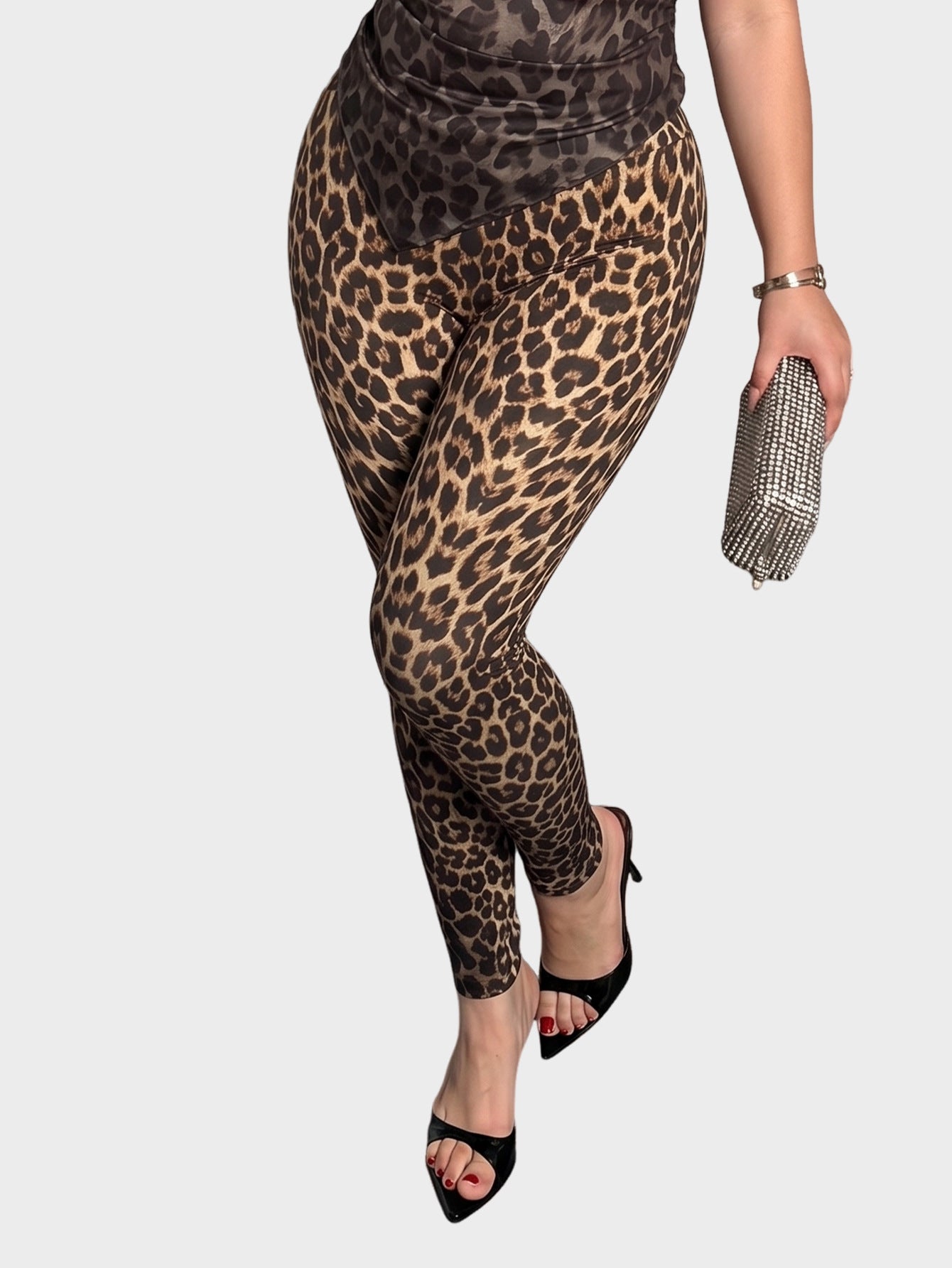 Leopard Print Faux Leather Leggings High Waist Slim Fit