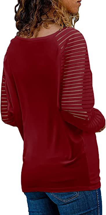 Striped Cotton Top Casual V Neck Sheer Sleeves