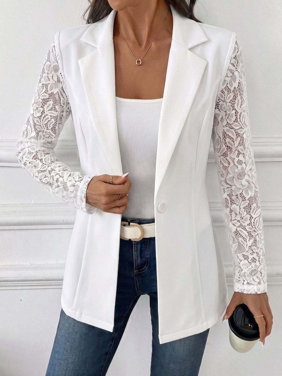 Womens Lace Sleeve One Button Fitted Blazer