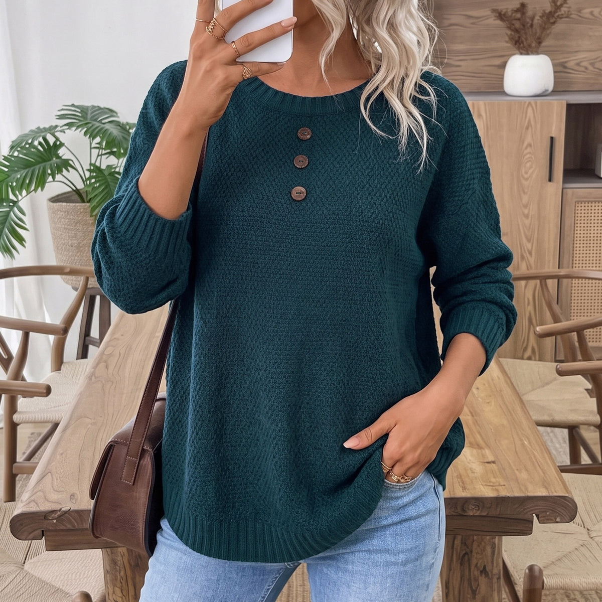 Women's Oversized Coconut Button Crew Neck Sweater