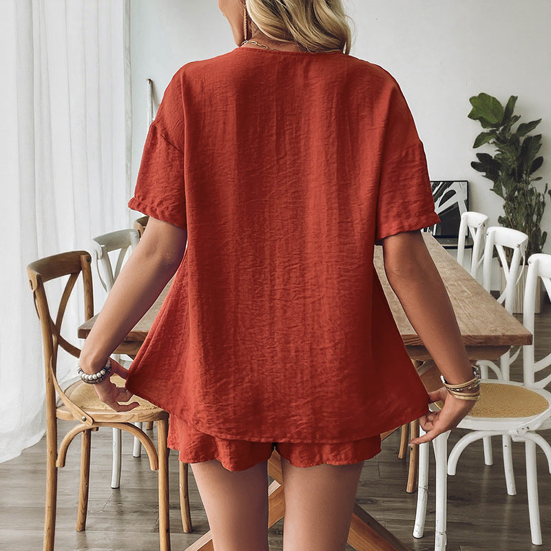 Tie Front Shirt and Shorts Two Piece Lounge Set Women