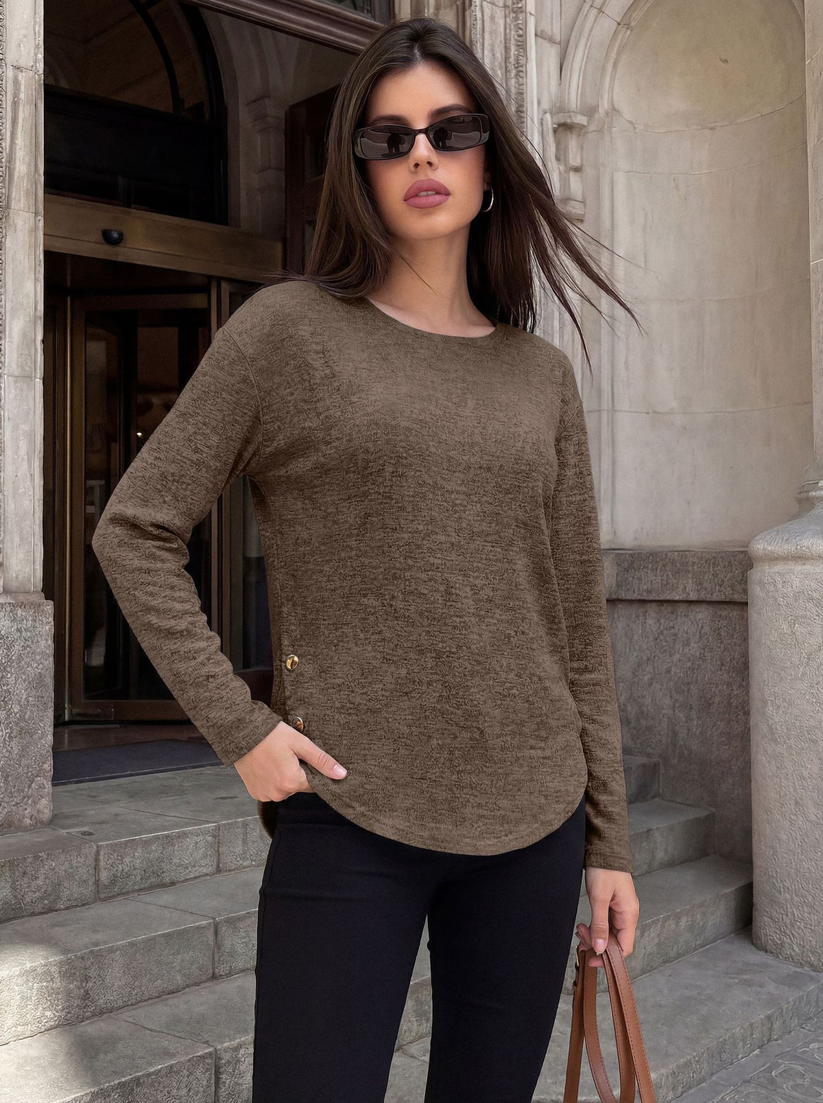 Women's Loose Long Sleeve Side Button Slit Tunic Top