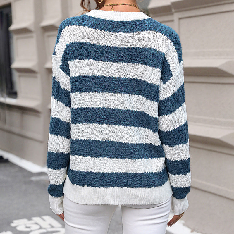 Fall Striped Colorblock Pullover Sweater Women Casual