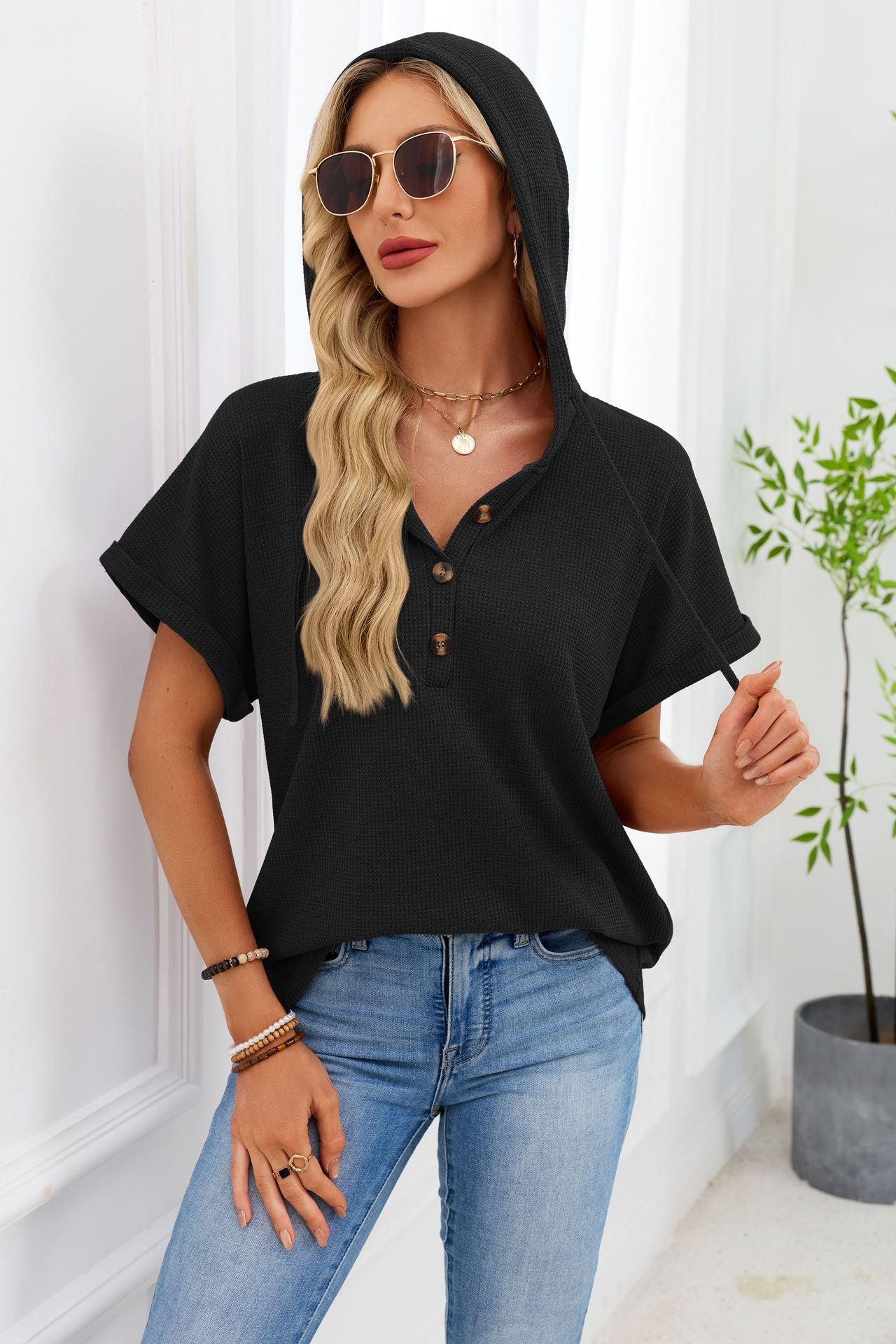 Waffle Knit Short Sleeve Hoodie Henley Button Top