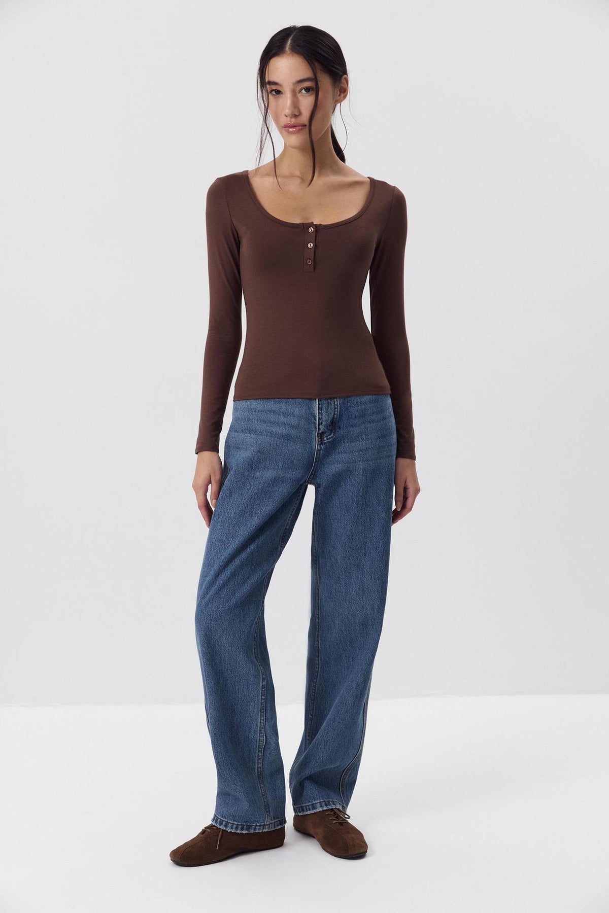 Women's Soft Modal Long Sleeve U-Neck Button Fitted Top