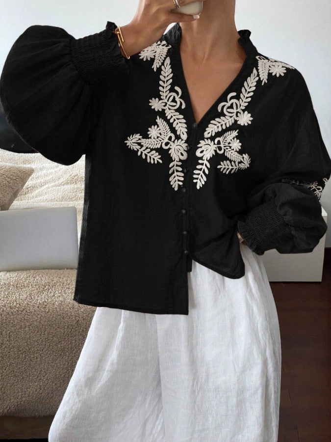 Floral Blend Blouse Boho Embroidered Puff Sleeve