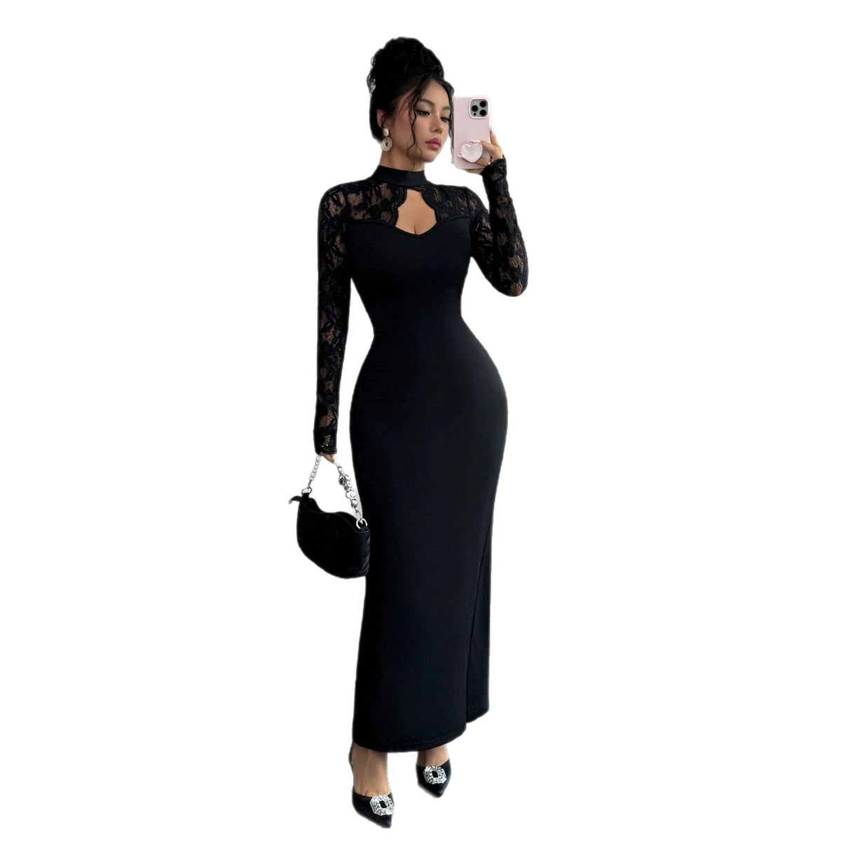 Women's Lace Sleeve Cutout Bodycon Maxi Dress