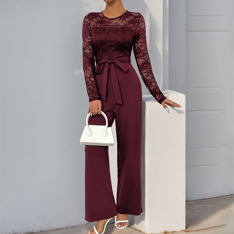 Elegant Lace Patchwork Jumpsuit with Belt Long Sleeve