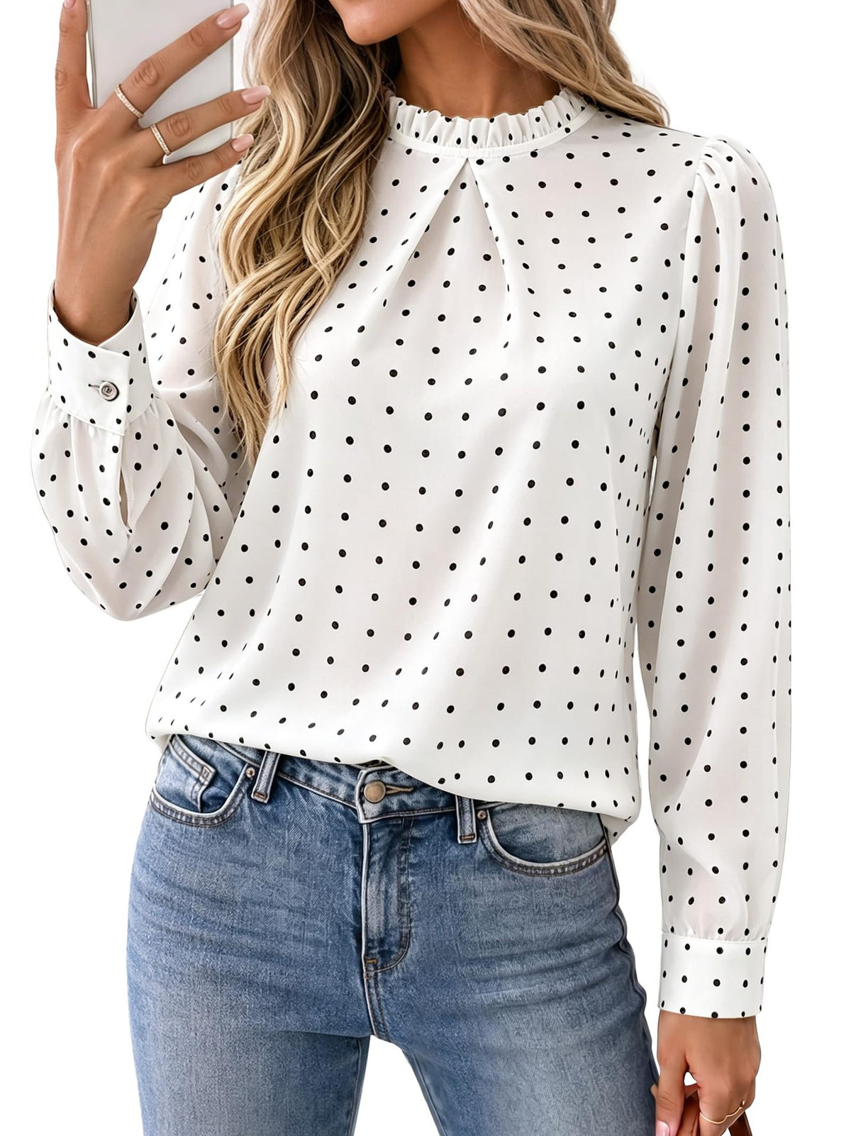 Women's Polka Dot Puff Sleeve Ruffle Neck Blouse