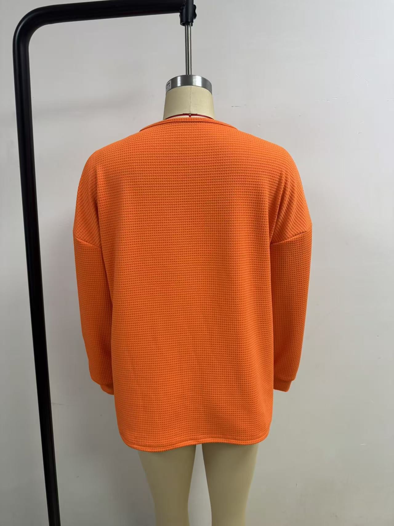 Waffle Knit Henley Top, Oversized Long Sleeve Pullover