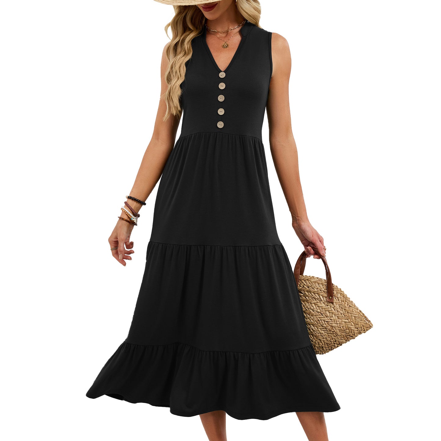 Sleeveless V Neck Button Tiered Midi Dress Casual