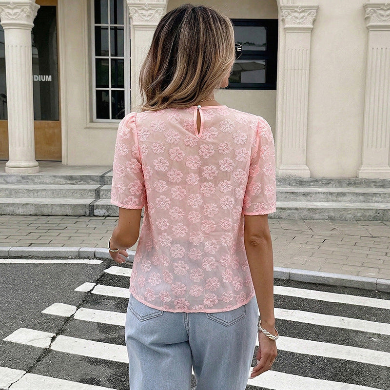 Floral Textured Blouse Short Sleeve Puff Top Casual