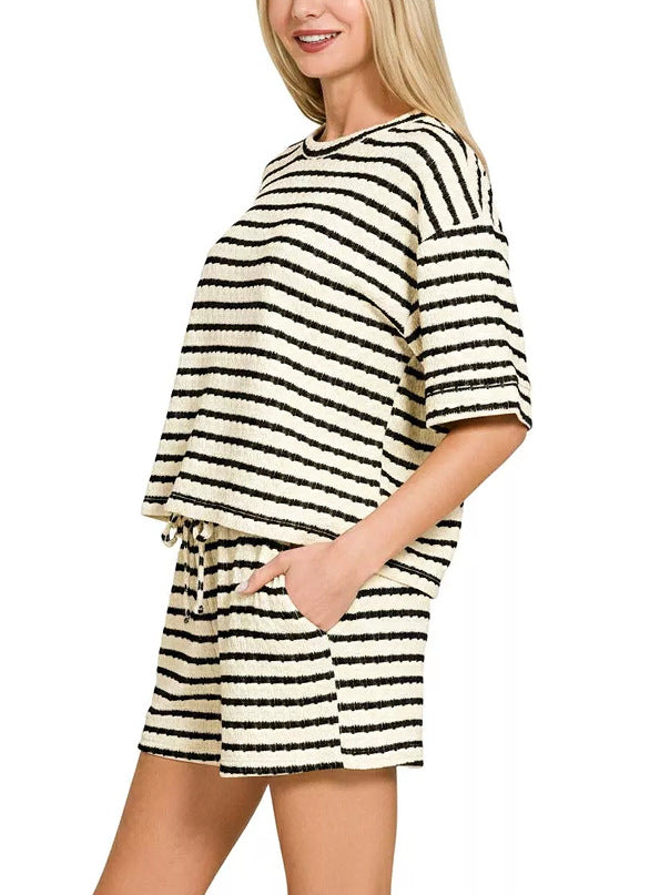 Striped Cotton Shorts Set Boutique Textured Knit Loungewear
