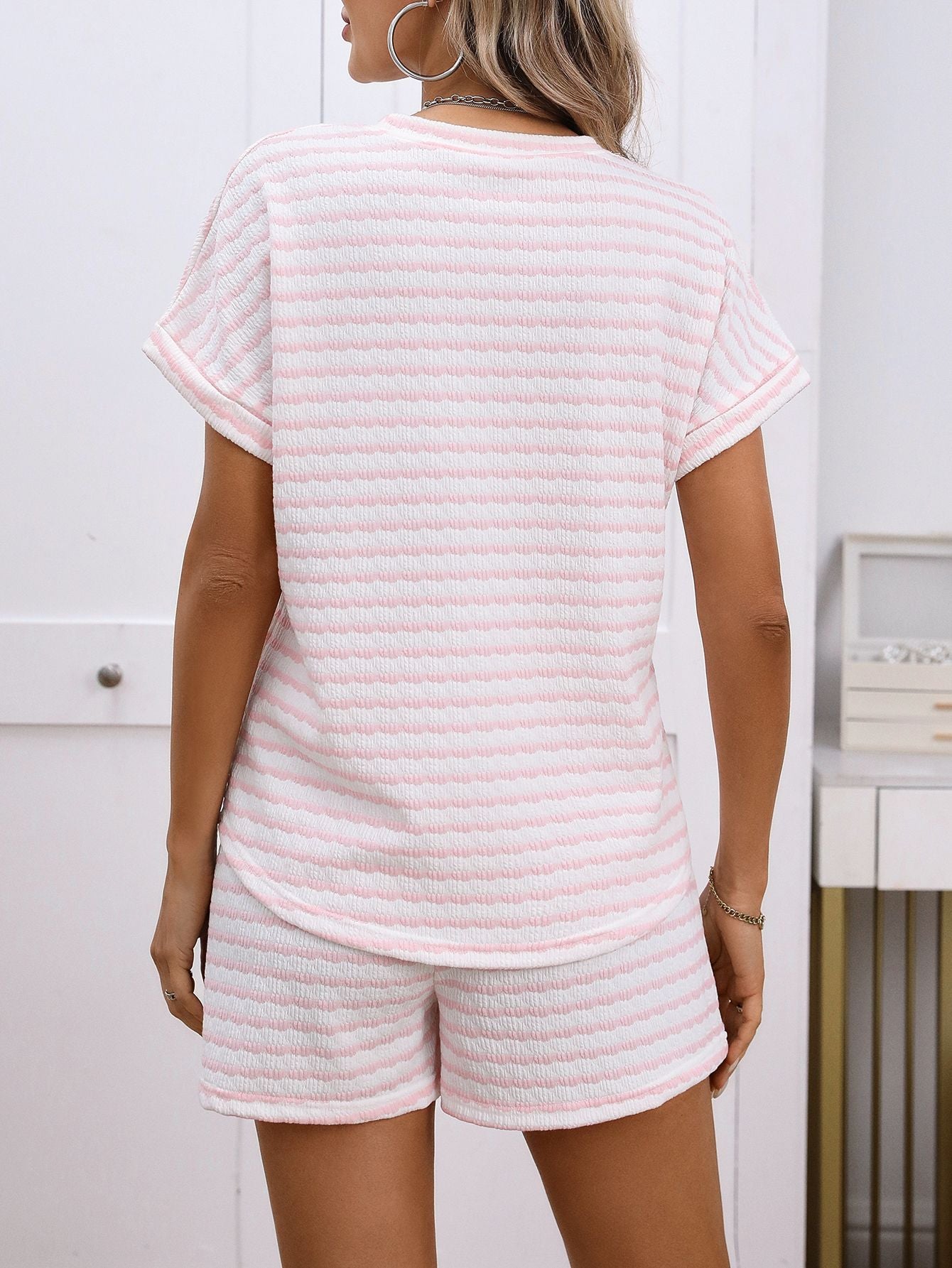 Womens Striped Lounge Set Short Sleeve Top Shorts